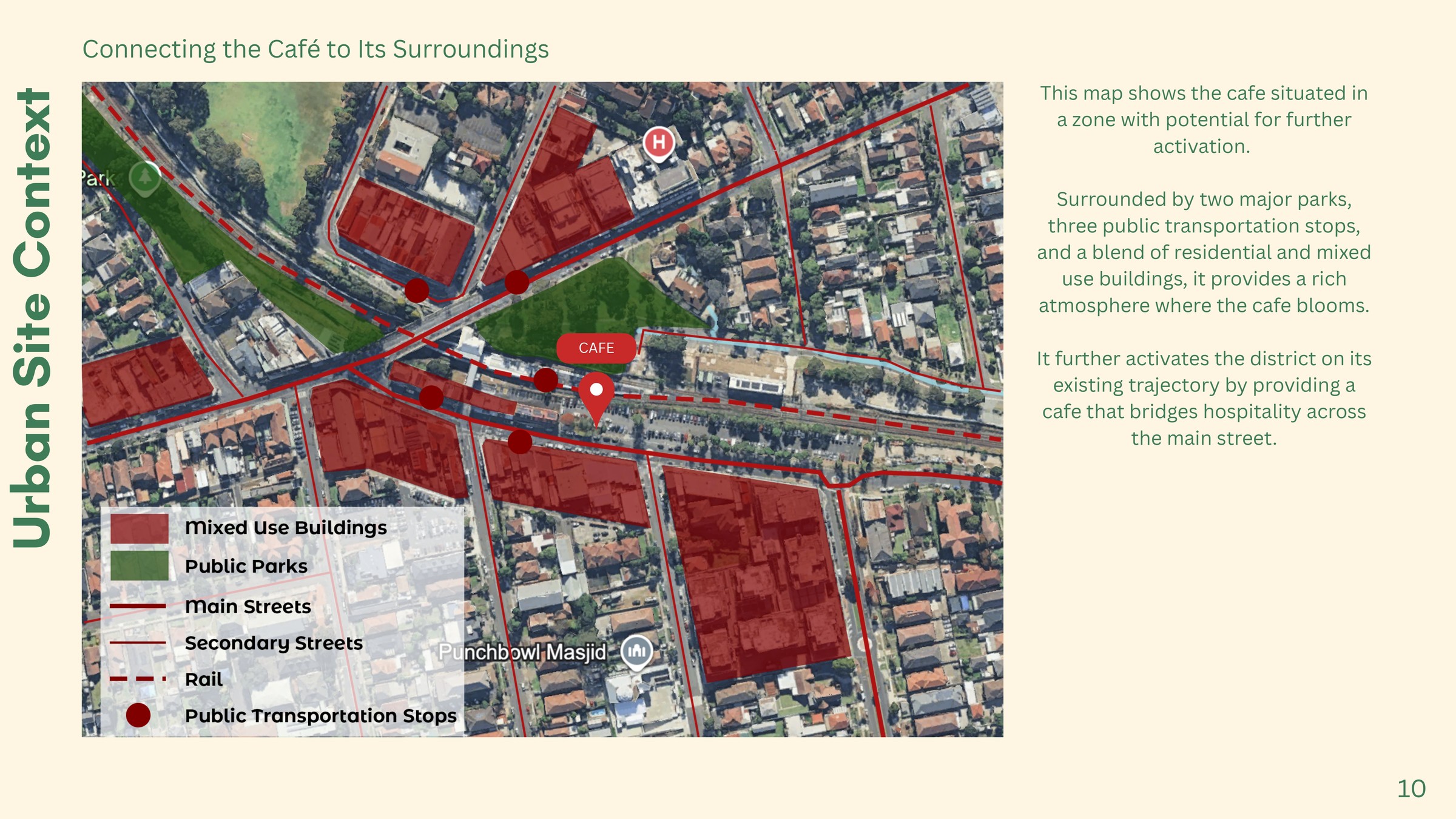 The Dancing Goat — urban site context, connecting the café to its surroundings