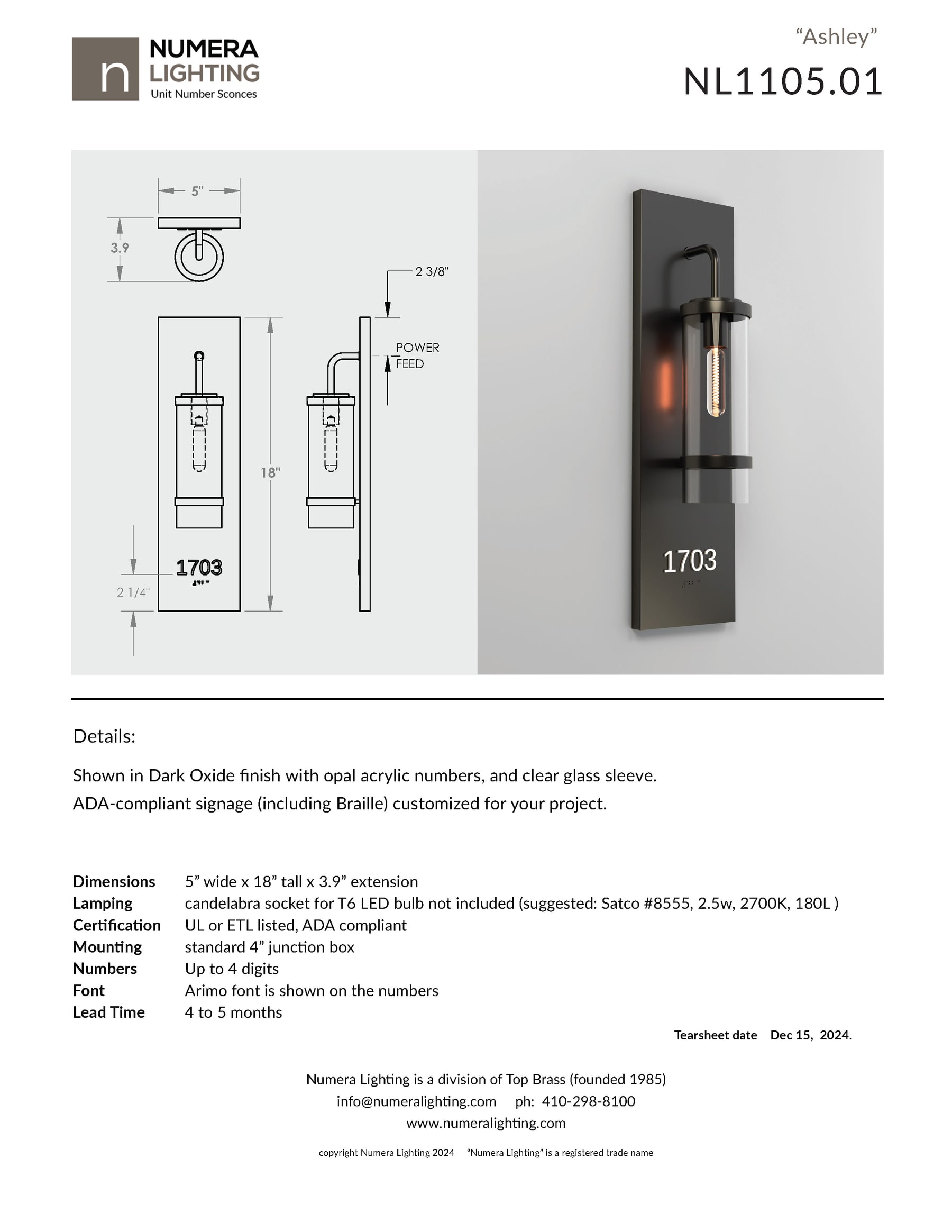 Numera Lighting NL1105.01 (Ashley) tear sheet — dimensional drawings, photoreal render and product details