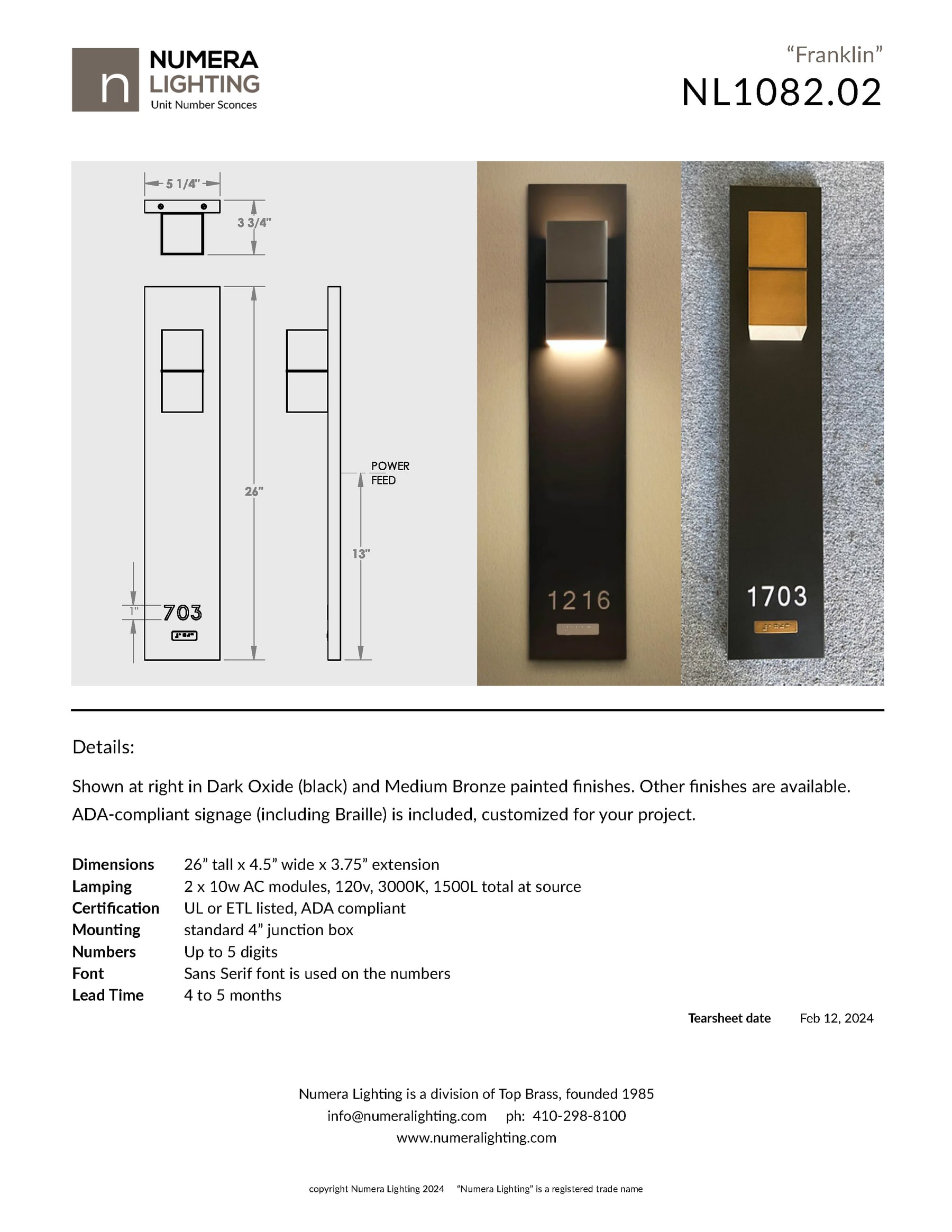 Numera Lighting NL1082.02 (Franklin) tear sheet — dimensional drawings, photoreal render and product details