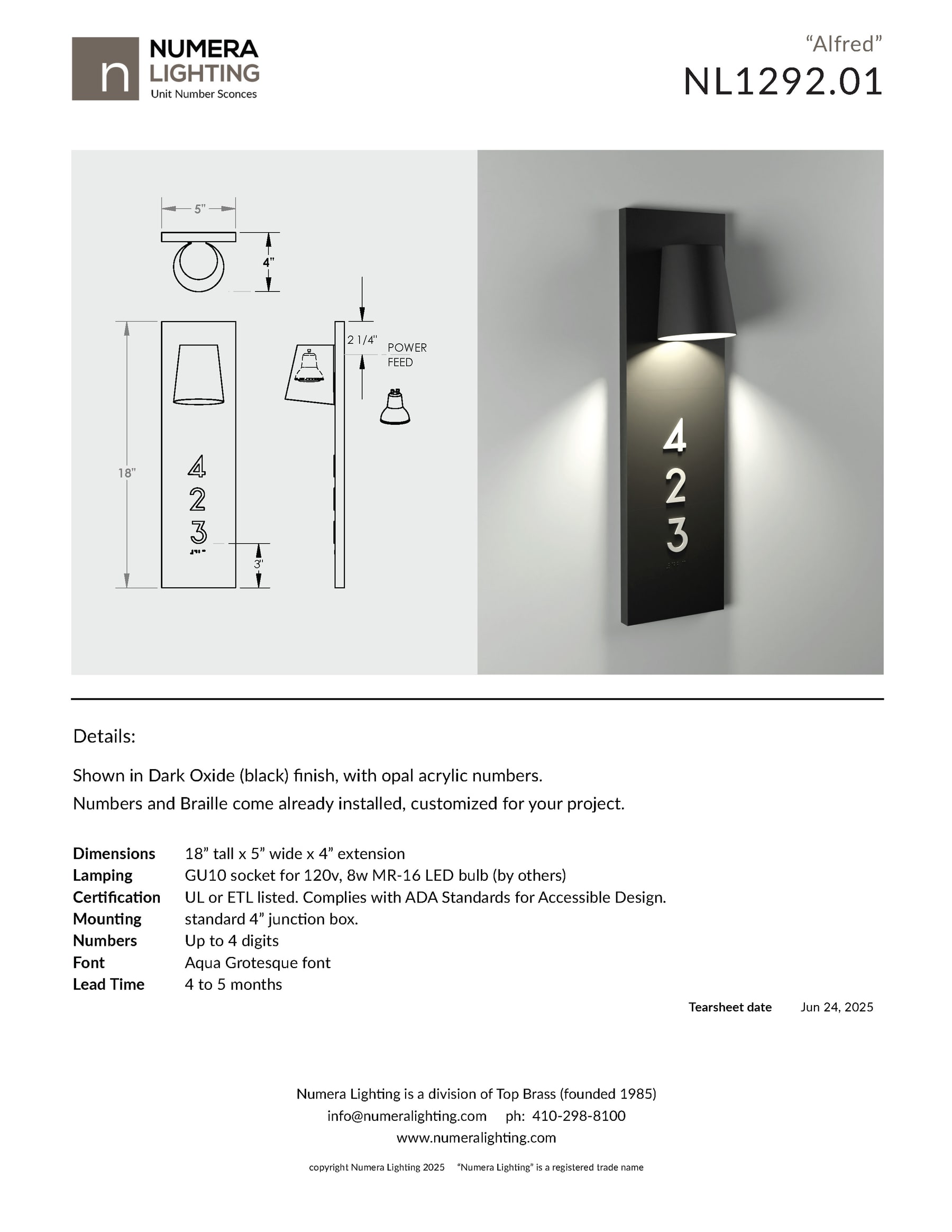 Numera Lighting NL1292.01 (Alfred) tear sheet — dimensional drawings, photoreal render and product details