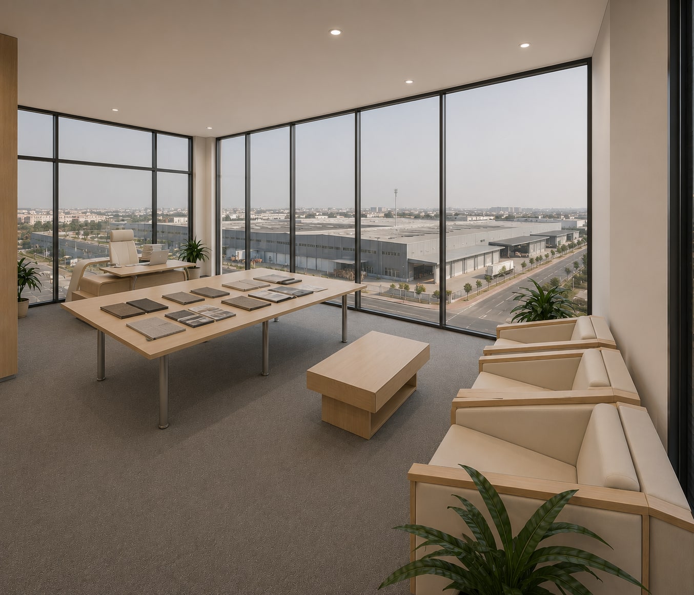 Wagdy Moamen — CEO room, final photoreal interior render with executive desk, lounge seating, long table for textile samples and floor-to-ceiling windows overlooking the textile complex