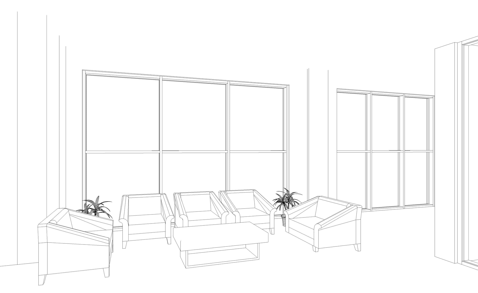 Wagdy Moamen — lounge / waiting area, 3D model wireframe in Revit before rendering