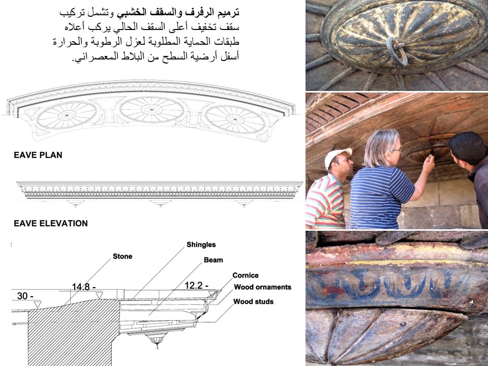 Eave plan and elevation technical drawing with material callouts — Sabil-Kuttab Arzinkan