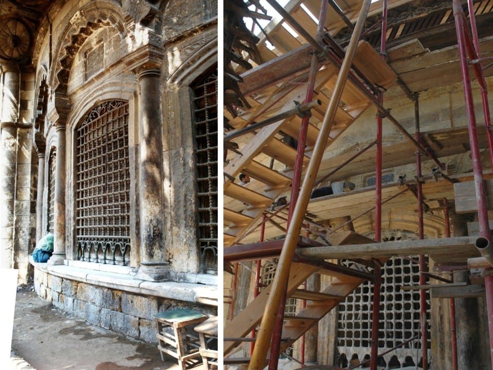 Arcaded facade and window grilles with interior roof scaffolding, before restoration — Sabil-Kuttab Arzinkan